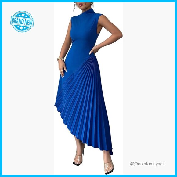 Dresses & Skirts - Pleated Maxi Dress Elegant Mock Neck Sleeveless Asymmetrical Cocktail Party